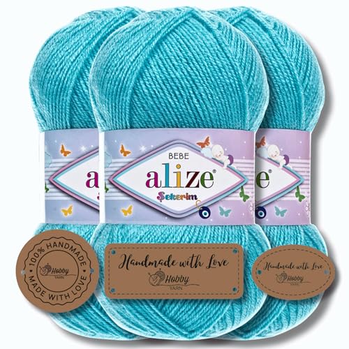 Hobby YARN 3x Etikettenlabel mit Alize Sekerim Bebe Wolle Premium 3x100g als Set, Yarn, Garn, Strickgarn, Einfarbig, Babywolle zum Häkeln, Stricken, Kleidung, Schals (Aquamarine - 287) von Hobby YARN