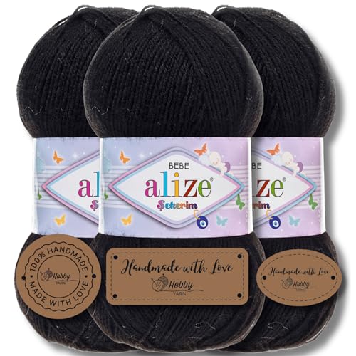 Hobby YARN 3x Etikettenlabel mit Alize Sekerim Bebe Wolle Premium 3x100g als Set, Yarn, Garn, Strickgarn, Einfarbig, Babywolle zum Häkeln, Stricken, Kleidung, Schals (Black - 60) von Hobby YARN