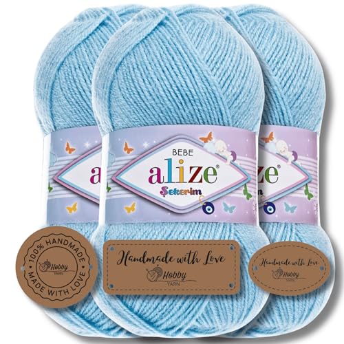 Hobby YARN 3x Etikettenlabel mit Alize Sekerim Bebe Wolle Premium 3x100g als Set, Yarn, Garn, Strickgarn, Einfarbig, Babywolle zum Häkeln, Stricken, Kleidung, Schals (Blue - 40) von Hobby YARN