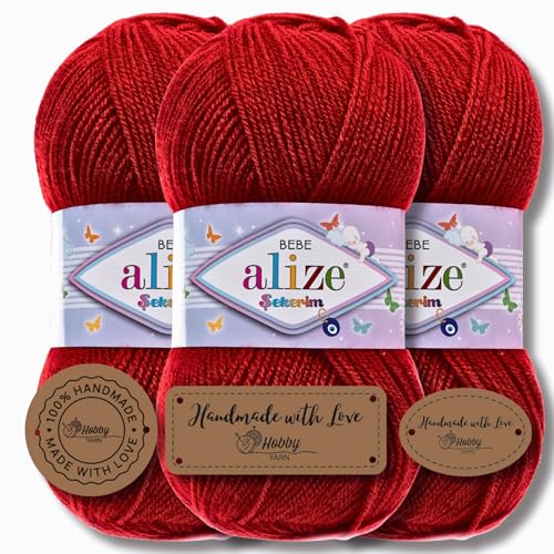 Hobby YARN 3x Etikettenlabel mit Alize Sekerim Bebe Wolle Premium 3x100g als Set, Yarn, Garn, Strickgarn, Einfarbig, Babywolle zum Häkeln, Stricken, Kleidung, Schals (Dark Red - 106) von Hobby YARN