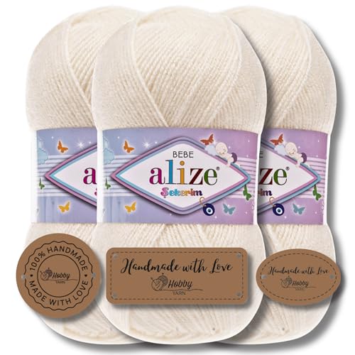 Hobby YARN 3x Etikettenlabel mit Alize Sekerim Bebe Wolle Premium 3x100g als Set, Yarn, Garn, Strickgarn, Einfarbig, Babywolle zum Häkeln, Stricken, Kleidung, Schals (Light Cream - 62) von Hobby YARN