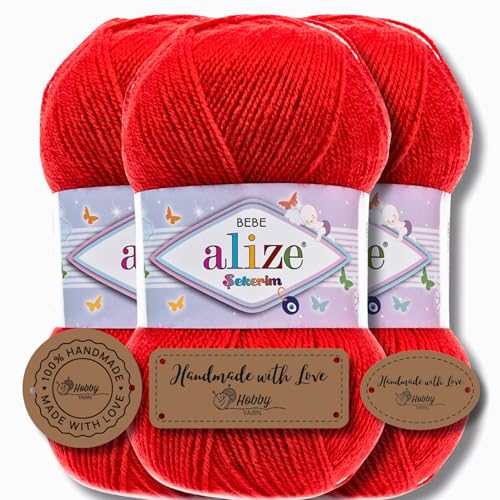 Hobby YARN 3x Etikettenlabel mit Alize Sekerim Bebe Wolle Premium 3x100g als Set, Yarn, Garn, Strickgarn, Einfarbig, Babywolle zum Häkeln, Stricken, Kleidung, Schals (Red - 56) von Hobby YARN