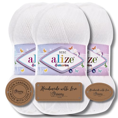 Hobby YARN 3x Etikettenlabel mit Alize Sekerim Bebe Wolle Premium 3x100g als Set, Yarn, Garn, Strickgarn, Einfarbig, Babywolle zum Häkeln, Stricken, Kleidung, Schals (White - 55) von Hobby YARN