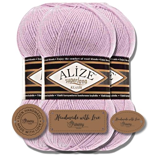 Hobby YARN 3x Etikettenlabel mit Alize Superlana Klasik Wolle Premium 3x100g als Set, Yarn, Garn, Strickgarn, Einfarbig, Baby, zum Häkeln, Stricken, Kleidung, Schals (505) von Hobby YARN