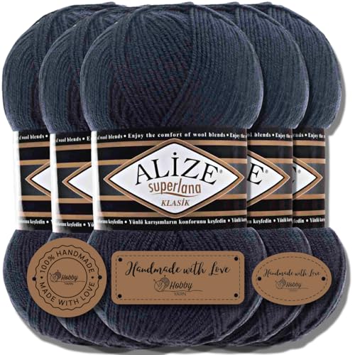 Hobby YARN 3x Etikettenlabel mit Alize Superlana Klasik Wolle Premium 5x100g als Set, Yarn, Garn, Strickgarn, Einfarbig, Baby, zum Häkeln, Stricken, Kleidung, Schals (Navy - 58) von Hobby YARN