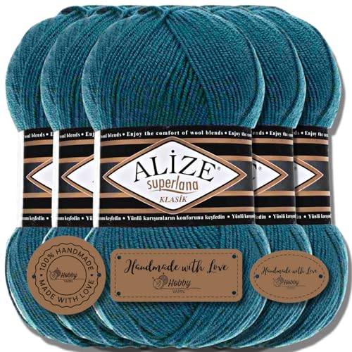 Hobby YARN 3x Etikettenlabel mit Alize Superlana Klasik Wolle Premium 5x100g als Set, Yarn, Garn, Strickgarn, Einfarbig, Baby, zum Häkeln, Stricken, Kleidung, Schals (Petrol - 212) von Hobby YARN