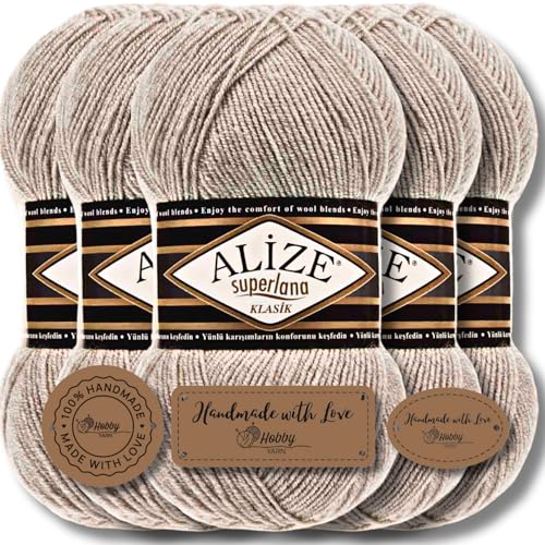 Hobby YARN 3x Etikettenlabel mit Alize Superlana Klasik Wolle Premium 5x100g als Set | Yarn | Garn | Strickgarn Einfarbig Baby zum Häkeln Stricken Kleidung Schals (Beige Melange | 152) von Hobby YARN