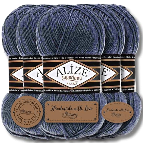 Hobby YARN 3x Etikettenlabel mit Alize Superlana Klasik Wolle Premium 5x100g als Set | Yarn | Garn | Strickgarn Einfarbig Baby zum Häkeln Stricken Kleidung Schals (Denim Melange | 203) von Hobby YARN