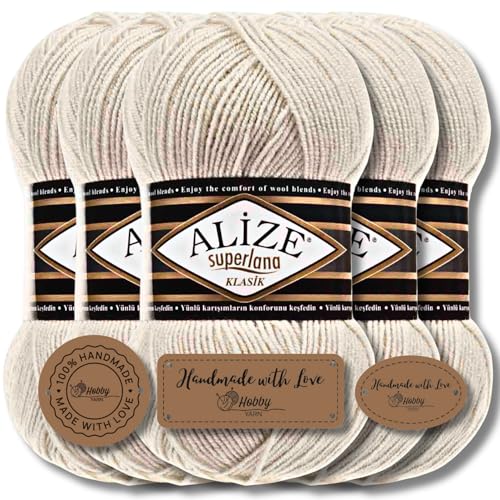 Hobby YARN 3x Etikettenlabel mit Alize Superlana Klasik Wolle Premium 5x100g als Set | Yarn | Garn | Strickgarn Einfarbig Baby zum Häkeln Stricken Kleidung Schals (Ivory | 599) von Hobby YARN
