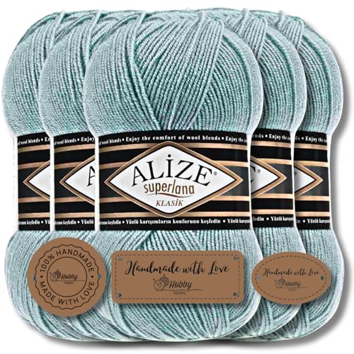 Hobby YARN 3x Etikettenlabel mit Alize Superlana Klasik Wolle Premium 5x100g als Set | Yarn | Garn | Strickgarn Einfarbig Baby zum Häkeln Stricken Kleidung Schals (Light Aqua | 463) von Hobby YARN