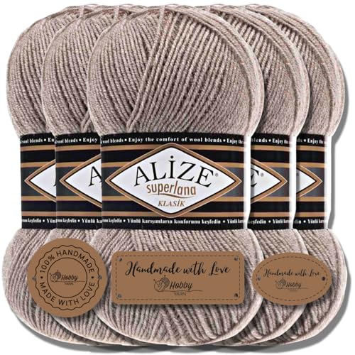 Hobby YARN 3x Etikettenlabel mit Alize Superlana Klasik Wolle Premium 5x100g als Set | Yarn | Garn | Strickgarn Einfarbig Baby zum Häkeln Stricken Kleidung Schals (Light Brown Melange | 207) von Hobby YARN