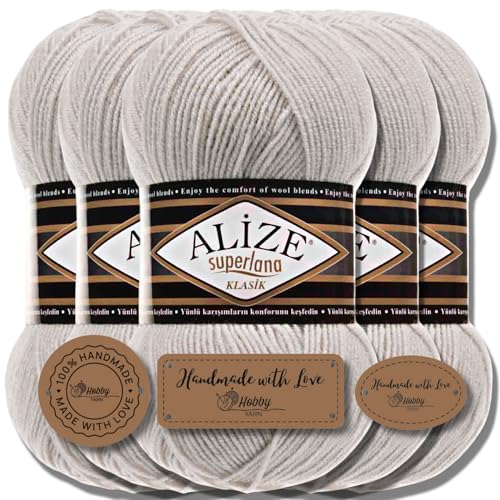 Hobby YARN 3x Etikettenlabel mit Alize Superlana Klasik Wolle Premium 5x100g als Set | Yarn | Garn | Strickgarn Einfarbig Baby zum Häkeln Stricken Kleidung Schals (Light Grey Melange | 208) von Hobby YARN