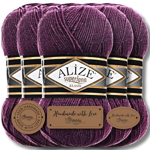 Hobby YARN 3x Etikettenlabel mit Alize Superlana Klasik Wolle Premium 5x100g als Set | Yarn | Garn | Strickgarn Einfarbig Baby zum Häkeln Stricken Kleidung Schals (Plum | 111) von Hobby YARN