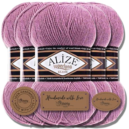 Hobby YARN 3x Etikettenlabel mit Alize Superlana Klasik Wolle Premium 5x100g als Set | Yarn | Garn | Strickgarn Einfarbig Baby zum Häkeln Stricken Kleidung Schals (Rose | 28) von Hobby YARN