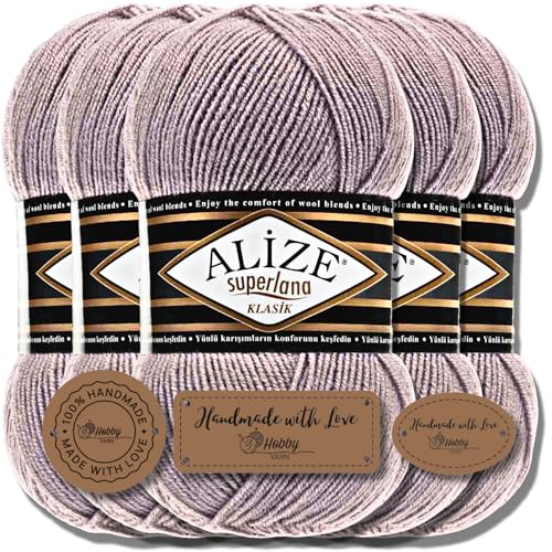 Hobby YARN 3x Etikettenlabel mit Alize Superlana Klasik Wolle Premium 5x100g als Set | Yarn | Garn | Strickgarn Einfarbig Baby zum Häkeln Stricken Kleidung Schals (Rose Gray | 142) von Hobby YARN