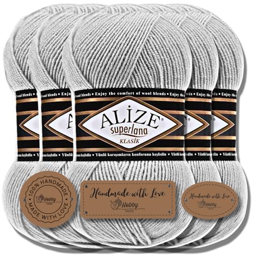 Hobby YARN 3x Etikettenlabel mit Alize Superlana Klasik Wolle Premium 5x100g als Set | Yarn | Garn | Strickgarn Einfarbig Baby zum Häkeln Stricken Kleidung Schals (Sea Shell | 168) von Hobby YARN