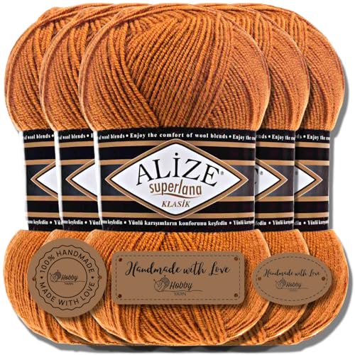 Hobby YARN 3x Etikettenlabel mit Alize Superlana Klasik Wolle Premium 5x100g als Set, Yarn, Garn, Strickgarn, Einfarbig, Baby, zum Häkeln, Stricken, Kleidung, Schals (Spice - 234) von Hobby YARN
