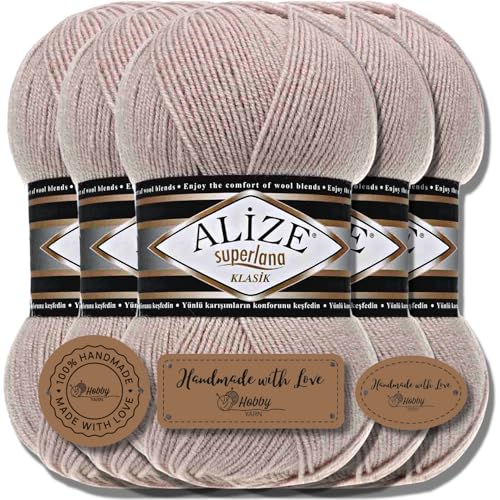 Hobby YARN 3x Etikettenlabel mit Alize Superlana Klasik Wolle Premium 5x100g als Set | Yarn | Garn | Strickgarn Einfarbig Baby zum Häkeln Stricken Kleidung Schals (Stone | 506) von Hobby YARN