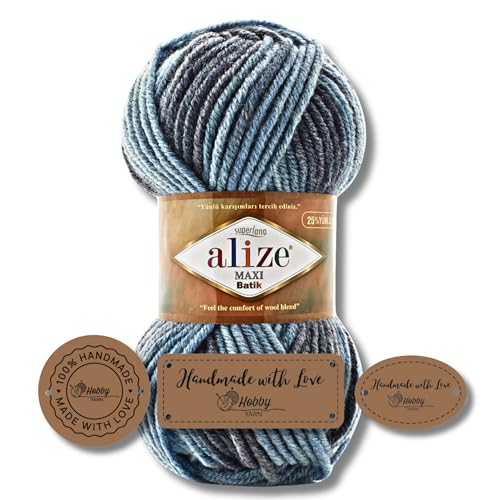Hobby YARN 3x Etikettenlabel mit Alize Superlana Maxi Batik Wolle Premium 1x100g als Set, Yarn, Garn, Strickgarn mit Farbverlauf, Baby, zum Häkeln, Stricken, Kleidung, Schals (7785) von Hobby YARN