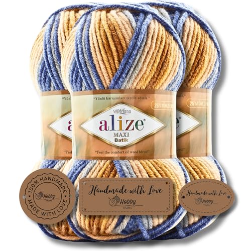 Hobby YARN 3x Etikettenlabel mit Alize Superlana Maxi Batik Wolle Premium 1x100g als Set, Yarn, Garn, Strickgarn mit Farbverlauf, Baby, zum Häkeln, Stricken, Kleidung, Schals (7914) von Hobby YARN