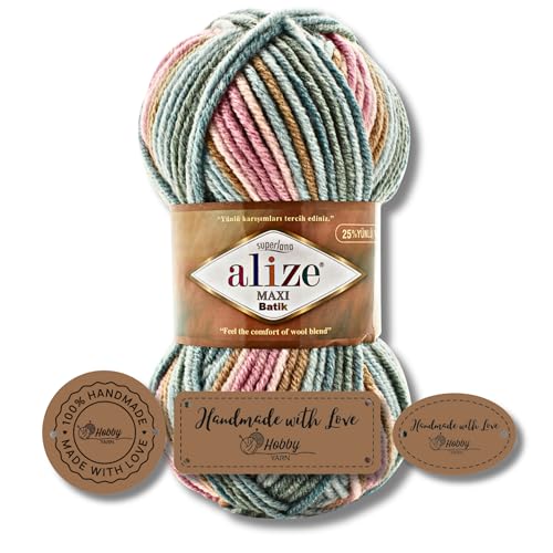 Hobby YARN 3x Etikettenlabel mit Alize Superlana Maxi Batik Wolle Premium 1x100g als Set | Yarn| Garn| Strickgarn mit Farbverlauf Baby zum Häkeln Stricken Kleidung Schals (7803) von Hobby YARN