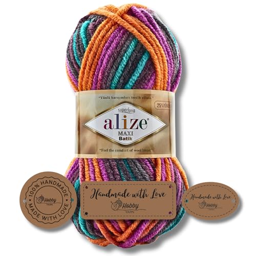 Hobby YARN 3x Etikettenlabel mit Alize Superlana Maxi Batik Wolle Premium 1x100g als Set | Yarn| Garn| Strickgarn mit Farbverlauf Baby zum Häkeln Stricken Kleidung Schals (8025) von Hobby YARN
