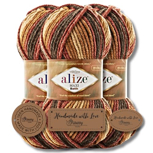 Hobby YARN 3x Etikettenlabel mit Alize Superlana Maxi Batik Wolle Premium 3x100g als Set | Yarn| Garn| Strickgarn mit Farbverlauf Baby zum Häkeln Stricken Kleidung Schals (7784) von Hobby YARN
