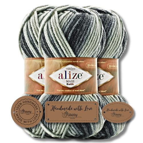 Hobby YARN 3x Etikettenlabel mit Alize Superlana Maxi Batik Wolle Premium 3x100g als Set | Yarn| Garn| Strickgarn mit Farbverlauf Baby zum Häkeln Stricken Kleidung Schals (7786) von Hobby YARN