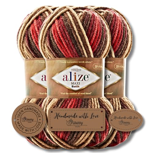 Hobby YARN 3x Etikettenlabel mit Alize Superlana Maxi Batik Wolle Premium 3x100g als Set | Yarn| Garn| Strickgarn mit Farbverlauf Baby zum Häkeln Stricken Kleidung Schals (7802) von Hobby YARN