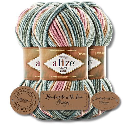 Hobby YARN 3x Etikettenlabel mit Alize Superlana Maxi Batik Wolle Premium 3x100g als Set | Yarn| Garn| Strickgarn mit Farbverlauf Baby zum Häkeln Stricken Kleidung Schals (7803) von Hobby YARN