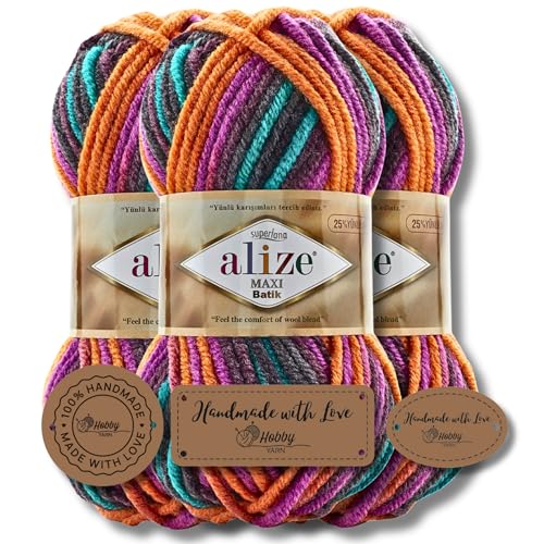 Hobby YARN 3x Etikettenlabel mit Alize Superlana Maxi Batik Wolle Premium 3x100g als Set | Yarn| Garn| Strickgarn mit Farbverlauf Baby zum Häkeln Stricken Kleidung Schals (8025) von Hobby YARN
