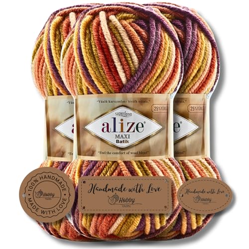 Hobby YARN 3x Etikettenlabel mit Alize Superlana Maxi Batik Wolle Premium 3x100g als Set | Yarn| Garn| Strickgarn mit Farbverlauf Baby zum Häkeln Stricken Kleidung Schals (8027) von Hobby YARN
