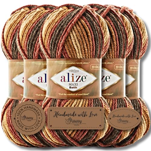 Hobby YARN 3x Etikettenlabel mit Alize Superlana Maxi Batik Wolle Premium 5x100g als Set, Yarn, Garn, Strickgarn mit Farbverlauf, Baby, zum Häkeln, Stricken, Kleidung, Schals (7784) von Hobby YARN