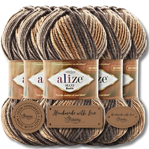 Hobby YARN 3x Etikettenlabel mit Alize Superlana Maxi Batik Wolle Premium 5x100g als Set | Yarn| Garn| Strickgarn mit Farbverlauf Baby zum Häkeln Stricken Kleidung Schals (7800) von Hobby YARN