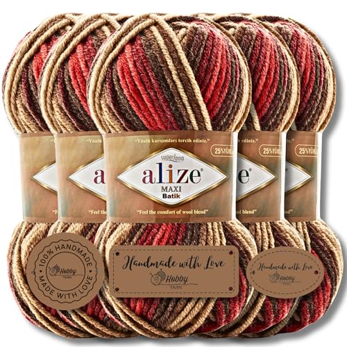 Hobby YARN 3x Etikettenlabel mit Alize Superlana Maxi Batik Wolle Premium 5x100g als Set | Yarn| Garn| Strickgarn mit Farbverlauf Baby zum Häkeln Stricken Kleidung Schals (7802) von Hobby YARN