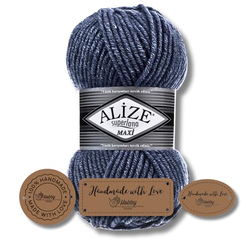 Hobby YARN 3x Etikettenlabel mit Alize Superlana Maxi Wolle Premium 1x100g als Set, Yarn, Garn, Strickgarn, Einfarbig, Baby zum Häkeln Stricken Kleidung Schals (203) von Hobby YARN