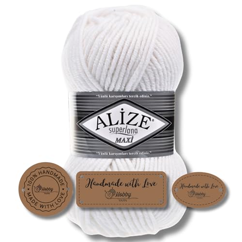 Hobby YARN 3x Etikettenlabel mit Alize Superlana Maxi Wolle Premium 1x100g als Set, Yarn, Garn, Strickgarn, Einfarbig, Baby zum Häkeln Stricken Kleidung Schals (55) von Hobby YARN