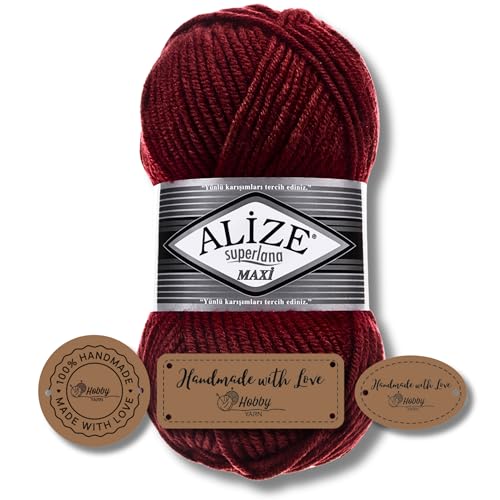 Hobby YARN 3x Etikettenlabel mit Alize Superlana Maxi Wolle Premium 1x100g als Set, Yarn, Garn, Strickgarn, Einfarbig, Baby zum Häkeln Stricken Kleidung Schals (57) von Hobby YARN