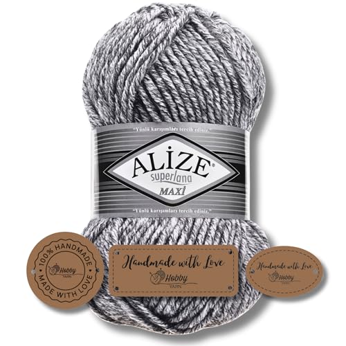 Hobby YARN 3x Etikettenlabel mit Alize Superlana Maxi Wolle Premium 1x100g als Set, Yarn, Garn, Strickgarn, Einfarbig, Baby zum Häkeln Stricken Kleidung Schals (801) von Hobby YARN