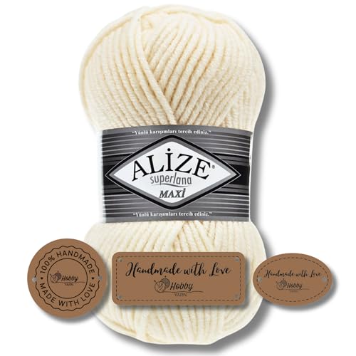 Hobby YARN 3x Etikettenlabel mit Alize Superlana Maxi Wolle Premium 1x100g als Set | Yarn| Garn| Strickgarn Einfarbig Baby zum Häkeln Stricken Kleidung Schals (1) von Hobby YARN