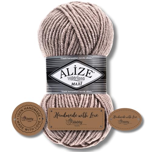 Hobby YARN 3x Etikettenlabel mit Alize Superlana Maxi Wolle Premium 1x100g als Set | Yarn| Garn| Strickgarn Einfarbig Baby zum Häkeln Stricken Kleidung Schals (541) von Hobby YARN