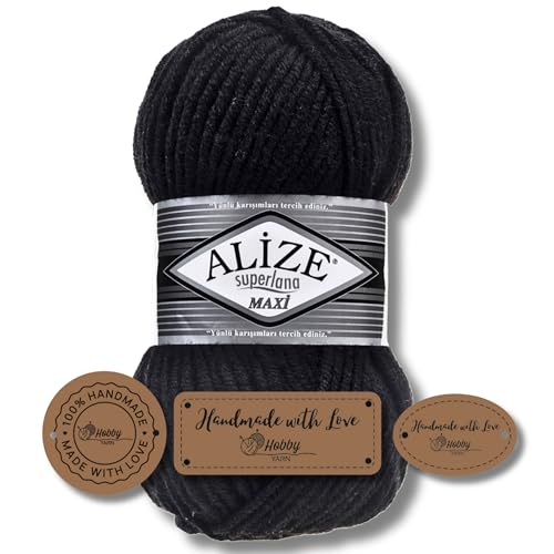 Hobby YARN 3x Etikettenlabel mit Alize Superlana Maxi Wolle Premium 1x100g als Set | Yarn| Garn| Strickgarn Einfarbig Baby zum Häkeln Stricken Kleidung Schals (60) von Hobby YARN
