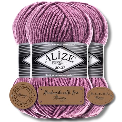 Hobby YARN 3x Etikettenlabel mit Alize Superlana Maxi Wolle Premium 3x100g als Set, Yarn, Garn, Strickgarn, Einfarbig, Baby, zum Häkeln Stricken Kleidung Schals (28) von Hobby YARN