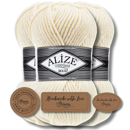 Hobby YARN 3x Etikettenlabel mit Alize Superlana Maxi Wolle Premium 3x100g als Set | Yarn| Garn| Strickgarn Einfarbig Baby zum Häkeln Stricken Kleidung Schals (1) von Hobby YARN