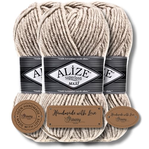 Hobby YARN 3x Etikettenlabel mit Alize Superlana Maxi Wolle Premium 3x100g als Set | Yarn| Garn| Strickgarn Einfarbig Baby zum Häkeln Stricken Kleidung Schals (152) von Hobby YARN