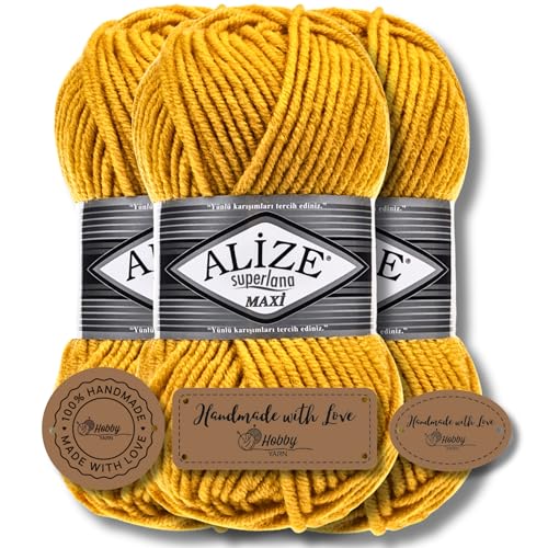 Hobby YARN 3x Etikettenlabel mit Alize Superlana Maxi Wolle Premium 3x100g als Set, Yarn, Garn, Strickgarn, Einfarbig, Baby, zum Häkeln Stricken Kleidung Schals (488) von Hobby YARN