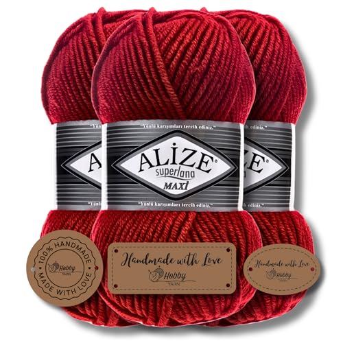 Hobby YARN 3x Etikettenlabel mit Alize Superlana Maxi Wolle Premium 3x100g als Set | Yarn| Garn| Strickgarn Einfarbig Baby zum Häkeln Stricken Kleidung Schals (56) von Hobby YARN
