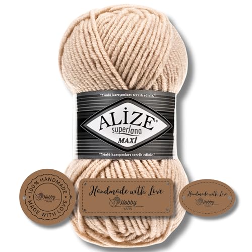 Hobby YARN 3x Etikettenlabel mit Alize Superlana Maxi Wolle Premium 3x100g als Set | Yarn| Garn| Strickgarn Einfarbig Baby zum Häkeln Stricken Kleidung Schals von Hobby YARN