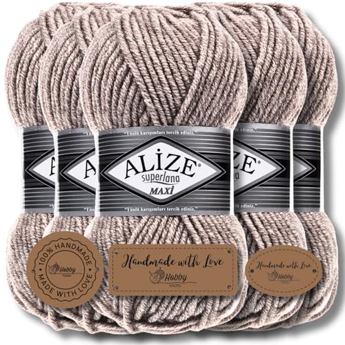 Hobby YARN 3x Etikettenlabel mit Alize Superlana Maxi Wolle Premium 5x100g als Set | Yarn| Garn| Strickgarn Einfarbig Baby zum Häkeln Stricken Kleidung Schals (207) von Hobby YARN