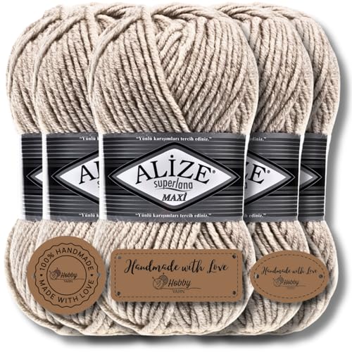 Hobby YARN 3x Etikettenlabel mit Alize Superlana Maxi Wolle Premium 5x100g als Set | Yarn| Garn| Strickgarn Einfarbig Baby zum Häkeln Stricken Kleidung Schals (Beige Melange | 152) von Hobby YARN